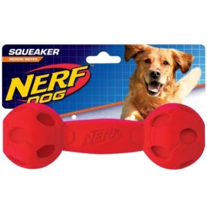NERF DOG SQUEAK BARBELL MED 7IN